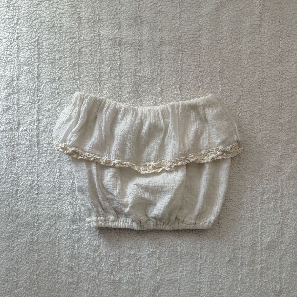 elan Cream Cotton & Linen Ruffle Strapless Top